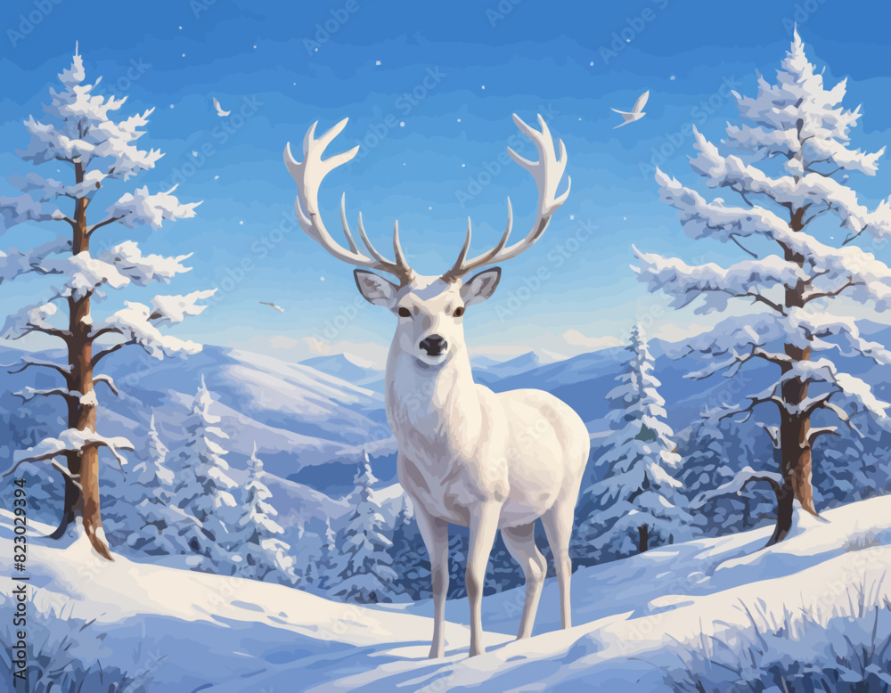 a painting of a white deer in a snowy landscape a painting of a white deer in a snowy landscape