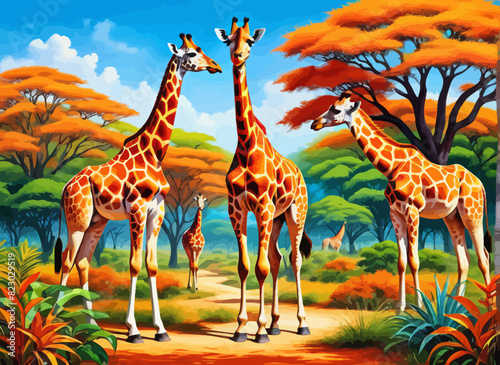 a painting of three giraffes in a jungle