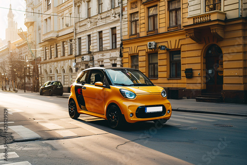 a small yellow car on a street © ONMIND