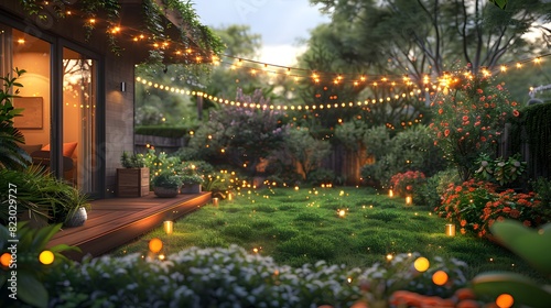 Cozy backyard with fairy lights strung above, illuminating a lush garden and a modern wooden deck at dusk. 
