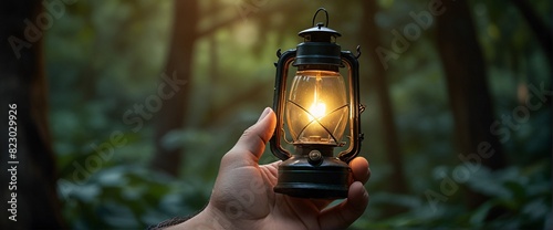 Outdoor Tropical senior travel and camping alone at natural park in Thailand. Recreation and journey outdoor activity lifestyle, Hand holding light bulb against nature on green leaf with energy source © ezra