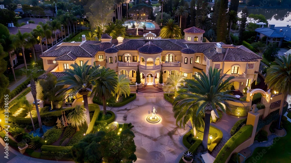 Luxurious mansion with palm trees and a fountain illuminated at twilight overlooking water 