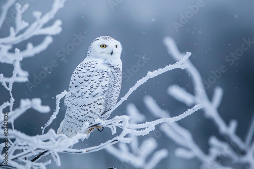 a white owl sitting on a tree branch photo