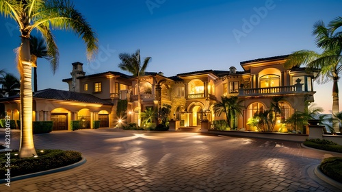 Luxurious mansion exterior illuminated at twilight with palm trees and spacious driveway 