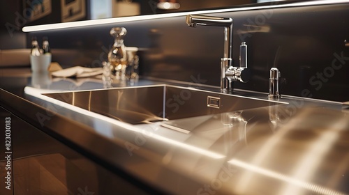 Elegant bar sink design in a modern kitchen setup, close-up highlighting its sleek and functional features, perfect for use in secondary areas like wet bars