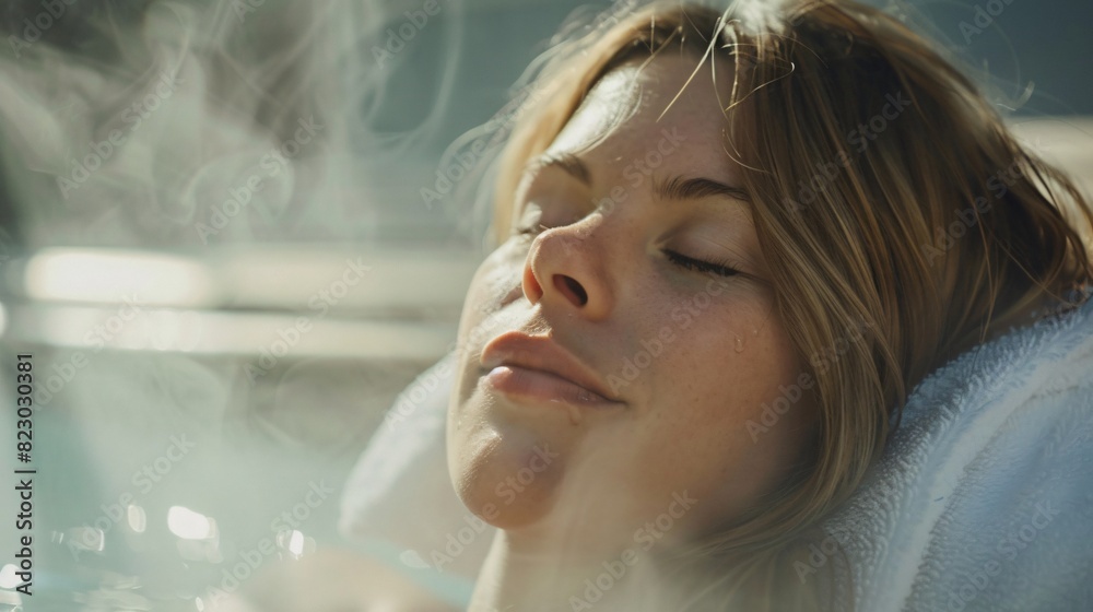 Close up view of a blonde woman relaxes on a sauna bench, subtle steam in the air. The woman wears a white towel and has her eyes closed, highlighting the state of relaxation Close up view of a blonde woman relaxes on a sauna bench, subtle steam in the air. The woman wears a white towel and has her eyes closed, highlighting the state of relaxation
