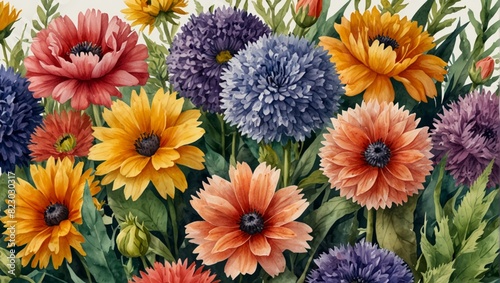 A close up of a bunch of different colored flowers,. Watercolor illustration