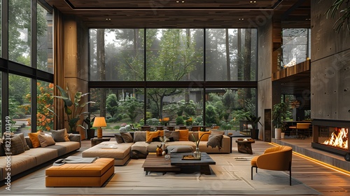 Modern living room interior with large windows overlooking a serene forest, equipped with stylish furniture and a cozy fireplace. 