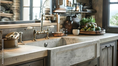 Elegant apron front sink in a high-end kitchen  close-up shot showcasing its deep basin and exposed front panel  perfect for a rustic or traditional look