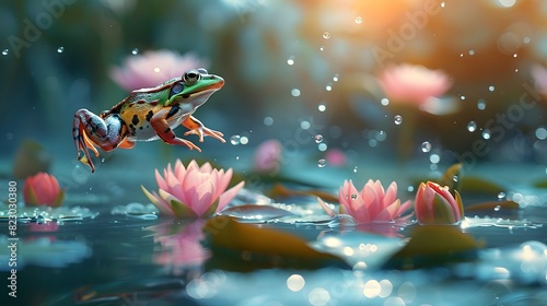 A vibrant frog leaping gracefully over water with blooming lotus flowers in a magical, fairy tale-like setting.  photo