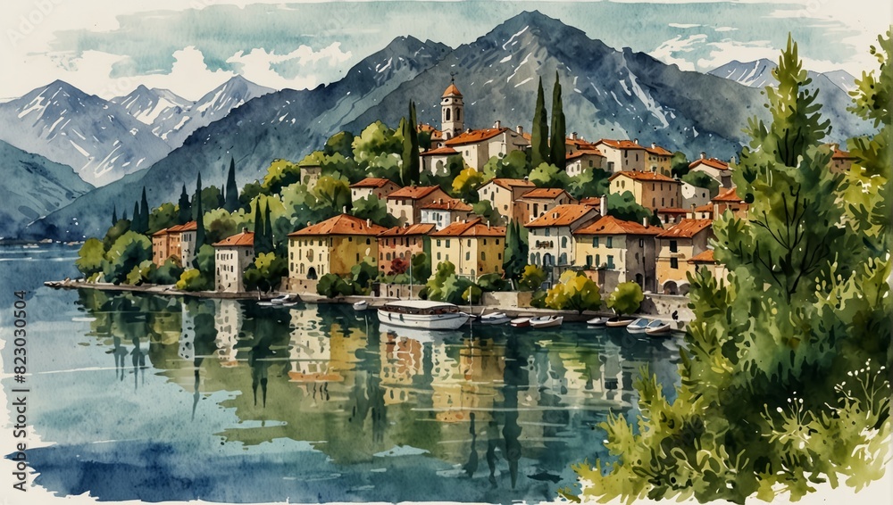 A pen sketch of Italian landscape - a village on a lake called Como, in the Alps. A landscape inside a wreath of branches. Ink drawing isolated on white background. Watercolor illustration
