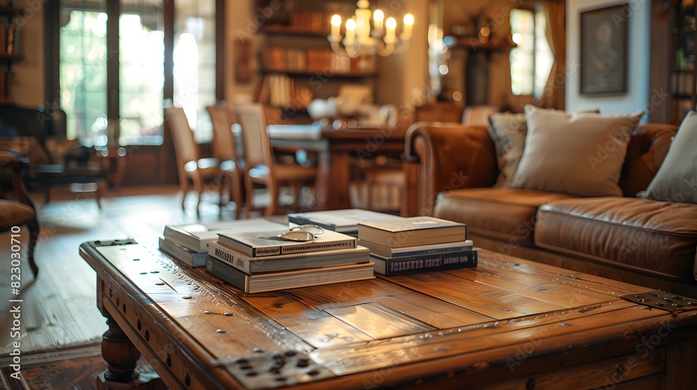 Elegant living room with a classic wooden coffee table adorned with books in a cozy home setting. 