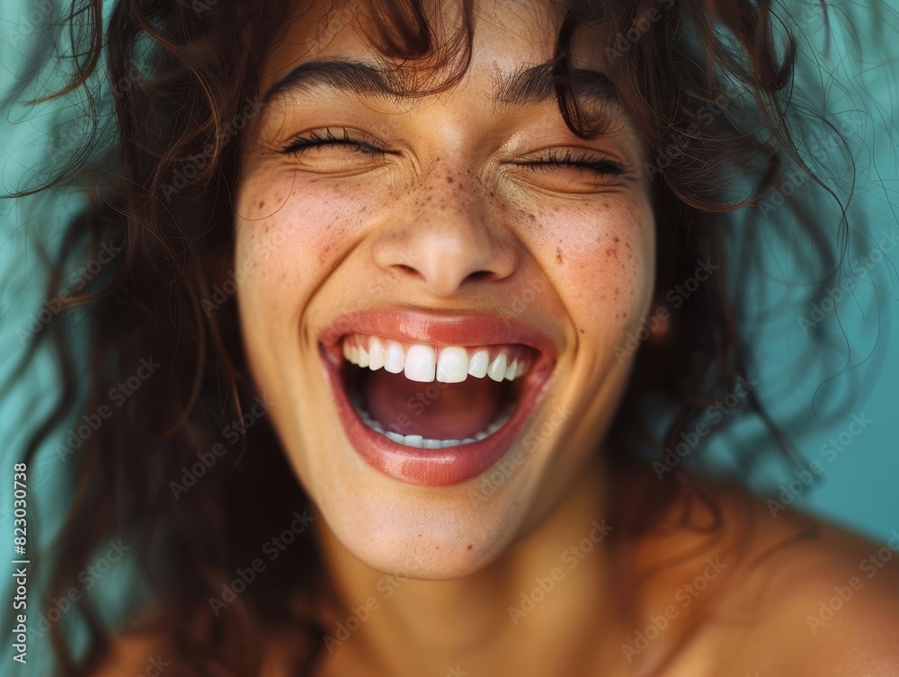 joyful woman with curly hair and freckles joyful woman with curly hair and freckles