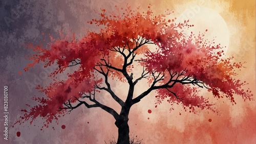 A tree full of pink flowers in the sun. Oriental gradient ink illustration. Watercolor illustration photo