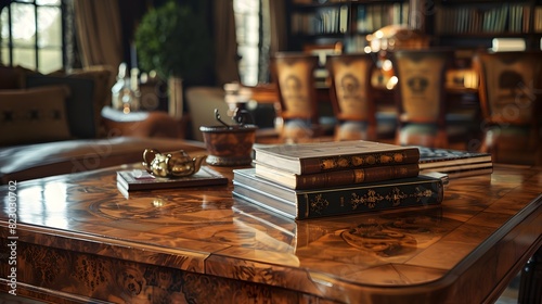 Elegant home study with stacked books on a wooden table captured in warm  ambient lighting 