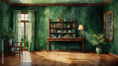 A wall with bookshelves and a vase on it in front of green walls,. Watercolor illustration