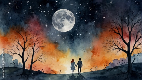 A watercolor couple stands under a large full moon. The sky is blue with white stars and orange clouds. There are bare trees on both sides. Valentine's Day. Watercolor illustration photo