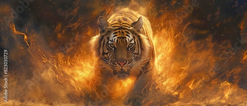 The tiger leaps over the ring of fire. photo