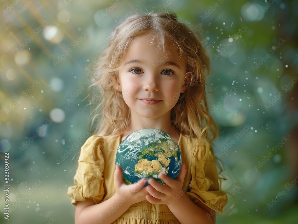 Naklejka premium The little girl holds the Earth in her hand