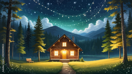 a painting of a cabin in the woods at night