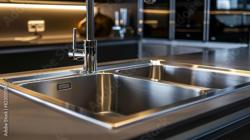 Drop-in sink in a luxury kitchen, isolated background with studio lighting, close-up showcasing the sleek design and ease of installation for advertising
