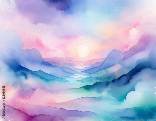 A serene watercolor landscape showing layered pastel mountains under a vibrant sunrise with a soft, flowing river centering the view. AI Generation © Anastasiia