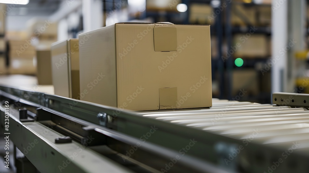 Cardboard Boxes on Conveyor Belt in a Warehouse Closeup Cardboard Boxes on Conveyor Belt in a Warehouse Closeup