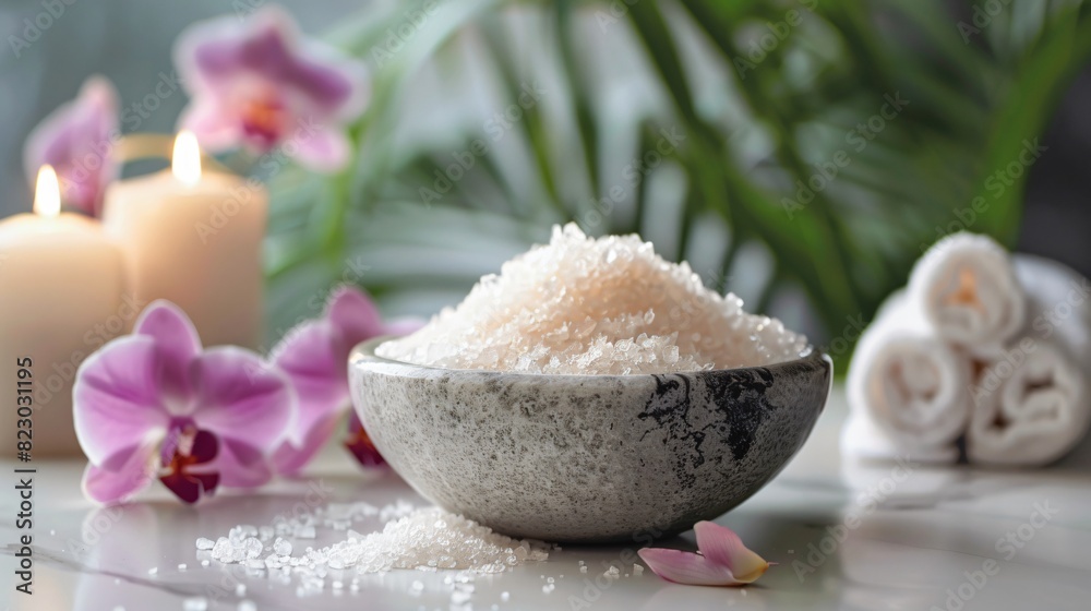 Close-up view of a sea salt scrub in a marble bowl on a table next to scented candles and orchid flowers in a spa room Close-up view of a sea salt scrub in a marble bowl on a table next to scented candles and orchid flowers in a spa room