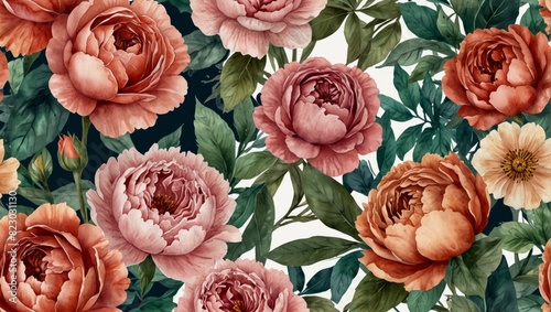 Fototapeta Naklejka Na Ścianę i Meble -  Abstract watercolor garden flowers, roses and peonies clipart. Vintage card. Watercolor illustration