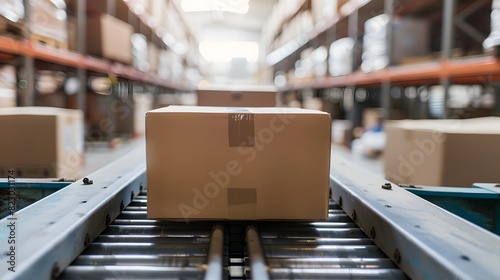 Cardboard Boxes on Conveyor Belt in Warehouse, Closeup