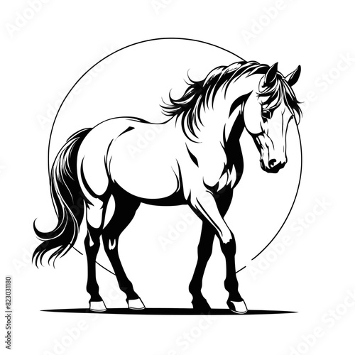 a black and white drawing of a horse