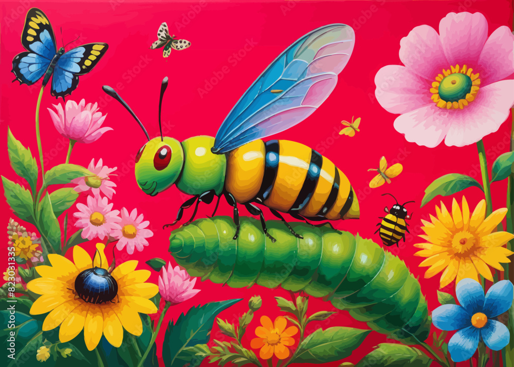 a painting of a butterfly and a caterpillar a painting of a butterfly and a caterpillar