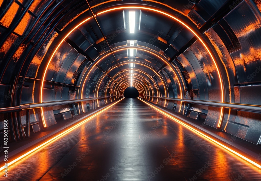 Futuristic tunnel with glowing orange lights