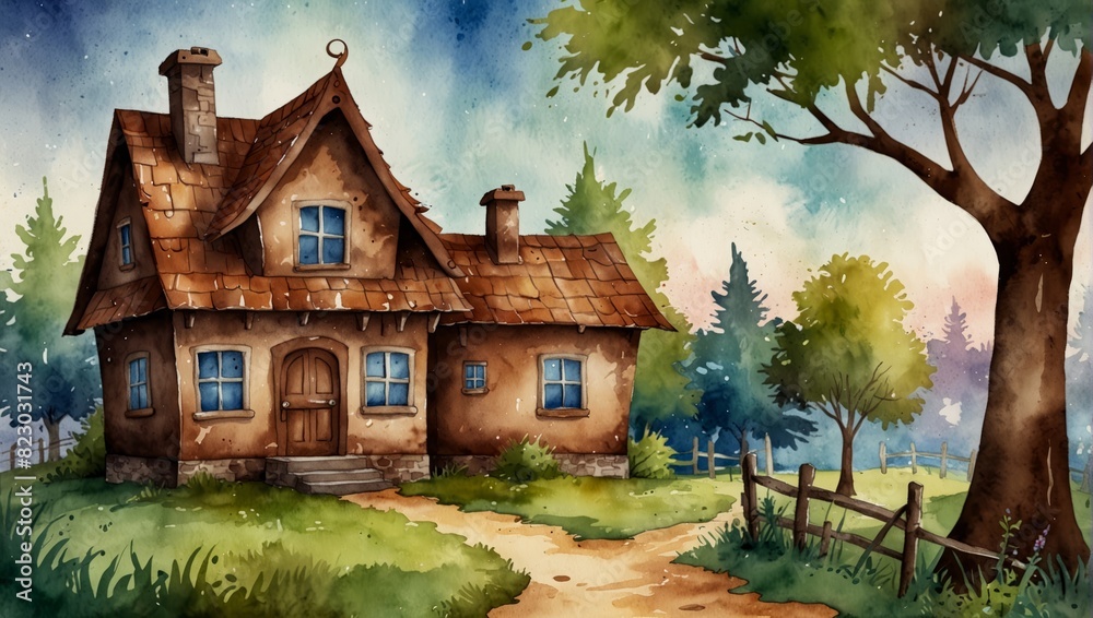 Chocolate house. Watercolor fantasy background for children. Watercolor illustration