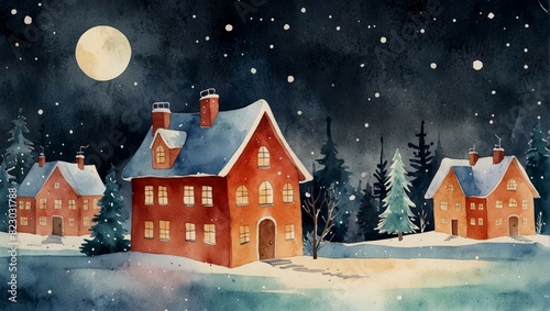 Christmas greeting card in simple style on winter night background. Watercolor illustration