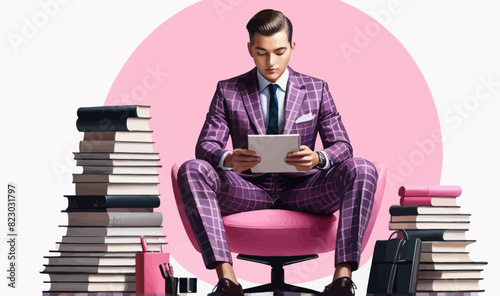 a man in a suit sitting on a pink chair in front of a stack of