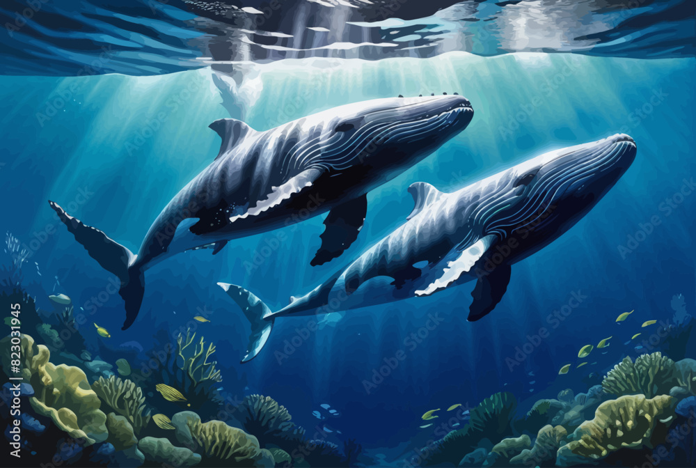 Fototapeta premium a painting of two dolphins swimming in the ocean