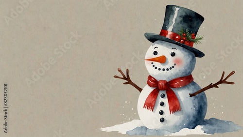Chtistmas greeting card with cute snowman in red bow tie in minimalist style. Watercolor illustration photo
