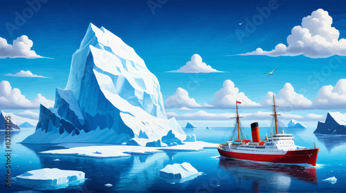 a painting of a boat in the water with icebergs in the background