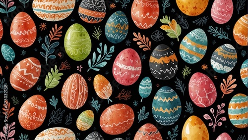 Collection of hand drawn easter doodles. Eggs with easter symbols on blackboard background. Watercolor illustration photo
