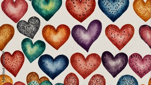Collection of doodle sketch hearts hand drawn with ink. Watercolor illustration photo