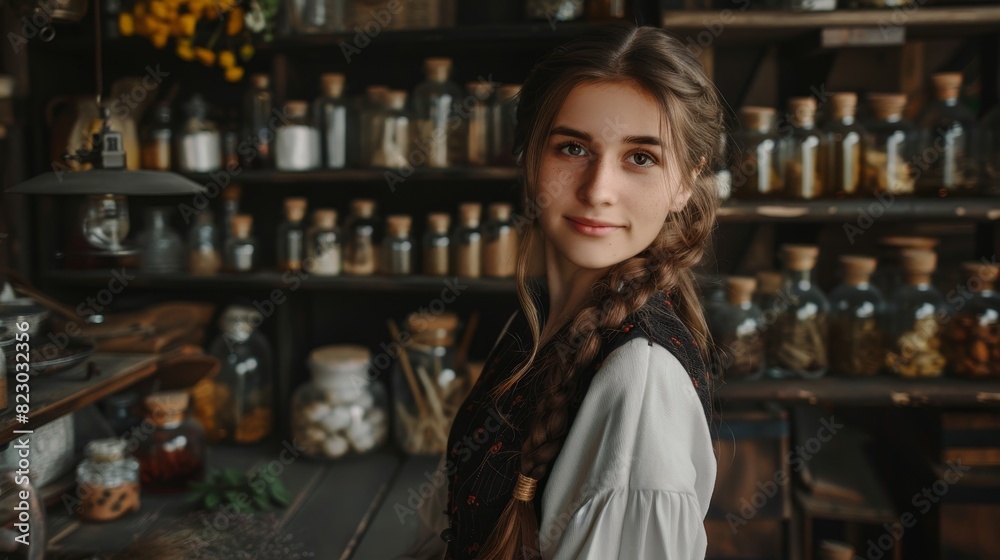 young woman in traditional clothing standing in front of shelves young woman in traditional clothing standing in front of shelves