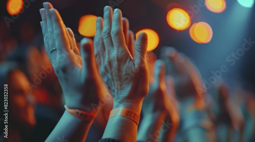 A closeup of hands clapping in applause  with a blurred audience in the background This image highlights the energy and enthusiasm of a live performance or event