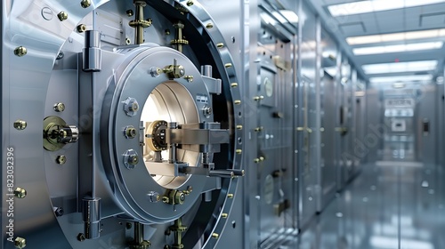 Isometric View of a Secure Bank Vault with Intricate Lock Mechanisms