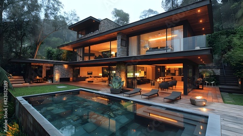 Modern luxury house with illuminated interiors, large windows, and an inviting swimming pool during twilight. 