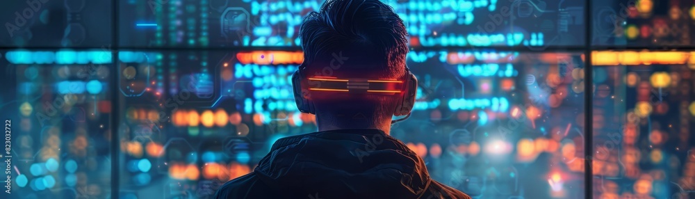 A person wearing virtual reality headset with futuristic technology background. A person wearing virtual reality headset with futuristic technology background.