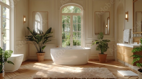 Elegant bathroom interior with a standalone bathtub  natural light  and green plants enhancing the serene ambiance 