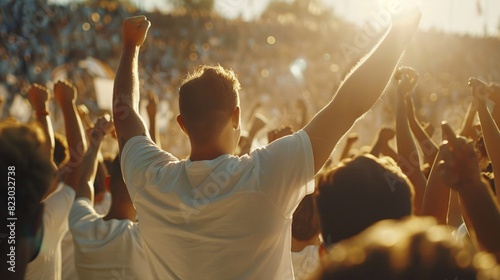 Fototapeta Naklejka Na Ścianę i Meble -  illustration of many sports fans cheering victory together happily and excited to watch their favorite football team in the football soccer stadium. Cheering sports fans wear white shirts.