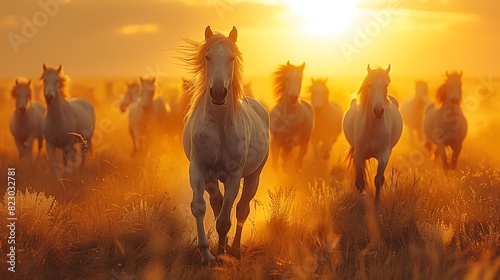 Amidst rolling plains of Mongolia a herd of wild horses gallops freely across the open steppe photo
