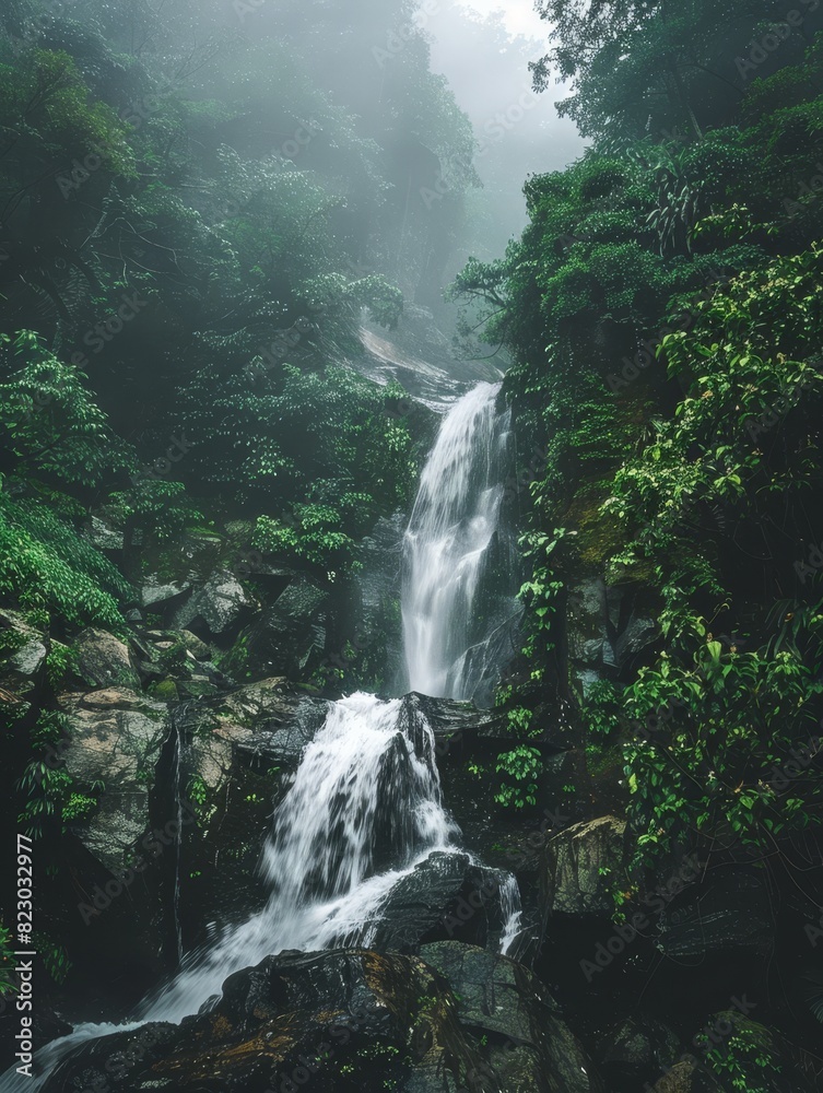 Lush tropical waterfall in misty forest